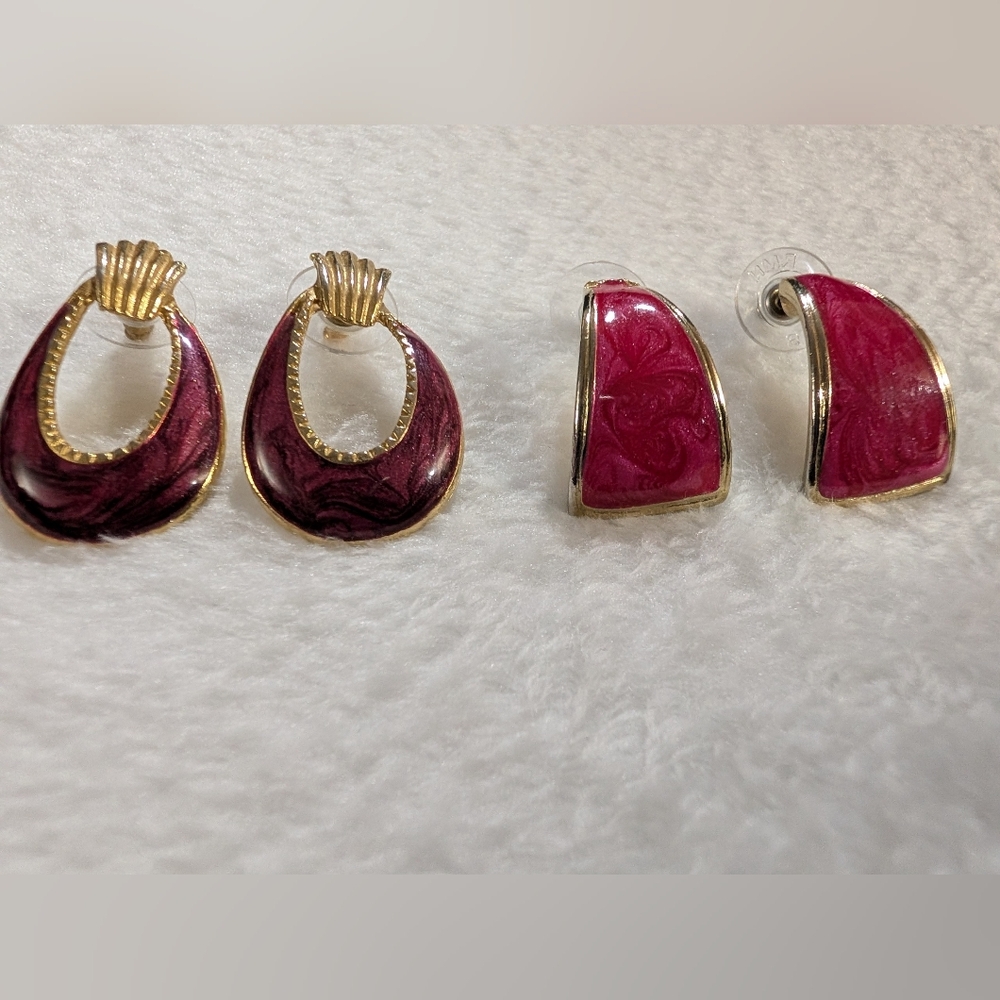 Set Of Two: Rare Vintage Gold-Trim Red Enamel Earrings, Bold Statement Studs